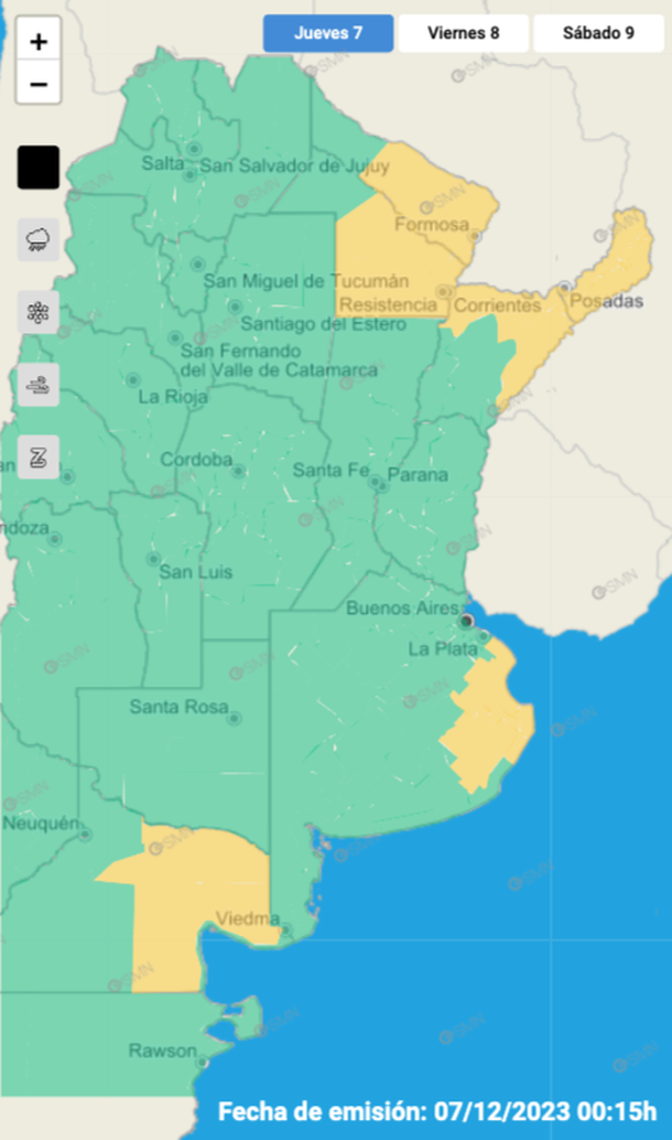 Mapa alerta por tormentas y granizo para Buenos Aires y otras cinco provincias. Fuente: Servicio Meteorológico Nacional. Mapa alerta por tormentas y granizo para Buenos Aires y otras cinco provincias. Fuente: Servicio Meteorológico Nacional.