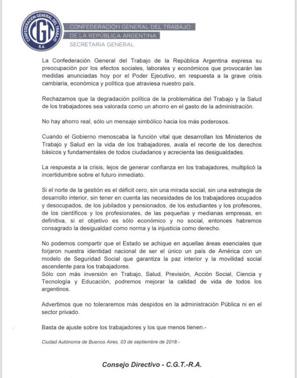 La CGT, preocupada por la disolución de los ministerios de Trabajo y Salud