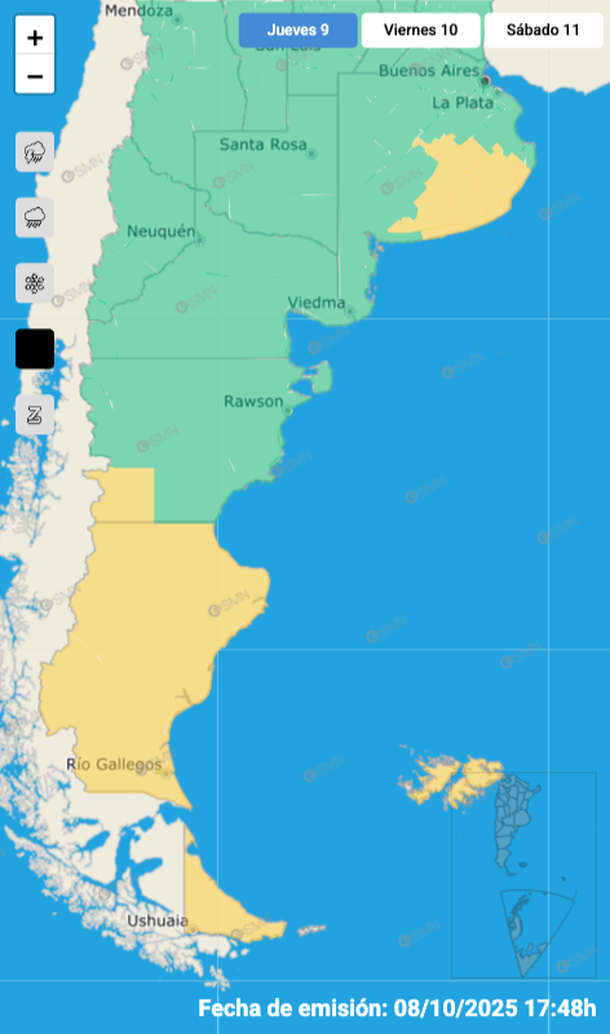 Alerta por viento fuerte en Buenos Aires y otras provincias para este jueves. Fuente: Servicio Meteorológico Nacional. Alerta por viento fuerte en Buenos Aires y otras provincias para este jueves. Fuente: Servicio Meteorológico Nacional.