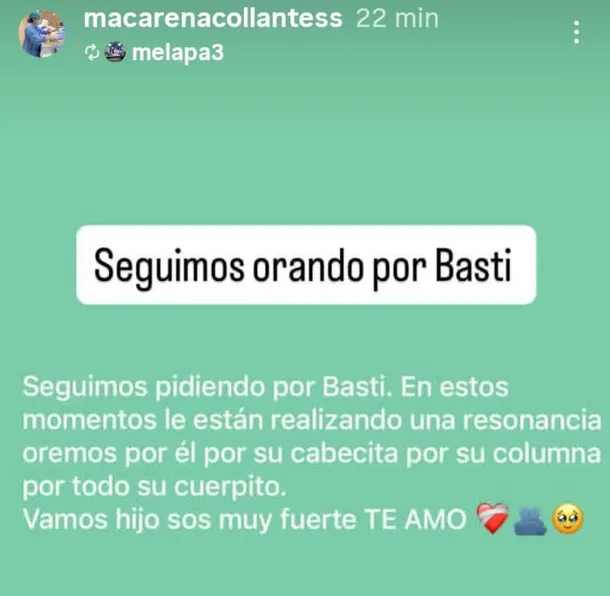 El mensaje de la mamá de Bastian, el nene accidentado en Pinamar (Captura) El mensaje de la mamá de Bastian, el nene accidentado en Pinamar (Captura)