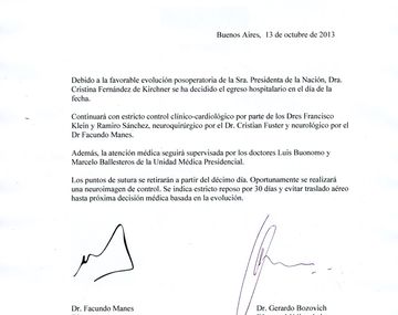 Éste es el sexto parte médico tras la operación de CFK