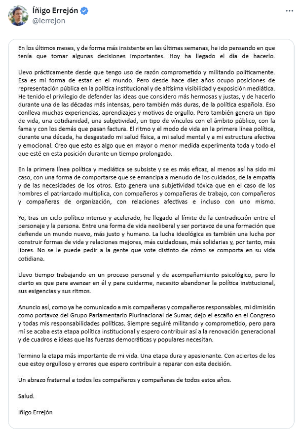 La carta de renuncia de Iñigo Errejón publicada en su cuenta de X @ierrejon La carta de renuncia de Iñigo Errejón publicada en su cuenta de X @ierrejon