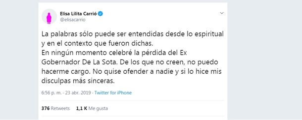 Tras su agravio a De La Sota, Carrió dice que las palabras sólo puede ser entendidas desde lo espiritual