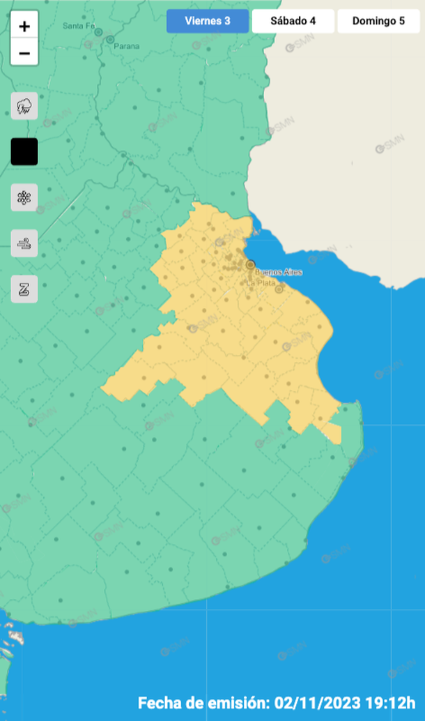 Mapa de alertas por lluvias en la Ciudad de Buenos Aires y alrededores. Fuente: Servicio Meteorológico Nacional. Mapa de alertas por lluvias en la Ciudad de Buenos Aires y alrededores. Fuente: Servicio Meteorológico Nacional.