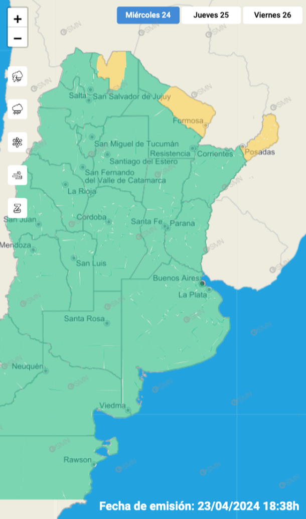 Alerta por tormentas y granizo en tres provincias. Fuente: Servicio Meteorológico Nacional. Alerta por tormentas y granizo en tres provincias. Fuente: Servicio Meteorológico Nacional.