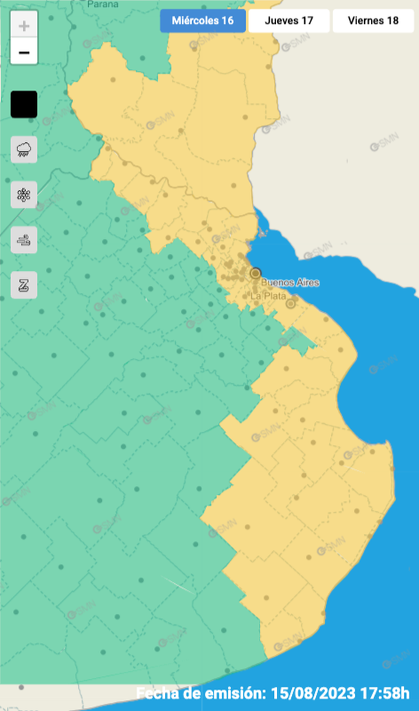 El mapa de alertas por tormentas y granizo para la Ciudad de Buenos Aires, el conurbano y la Costa. Fuente: Servicio Meteorológico Nacional. El mapa de alertas por tormentas y granizo para la Ciudad de Buenos Aires, el conurbano y la Costa. Fuente: Servicio Meteorológico Nacional.