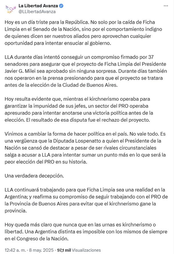 Comunicado de La Libertad Avanza contra Silvia Lospennato tras la caída de Ficha Limpia