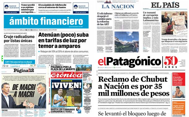 Tapas de diarios del jueves 9 de febrero de 2017