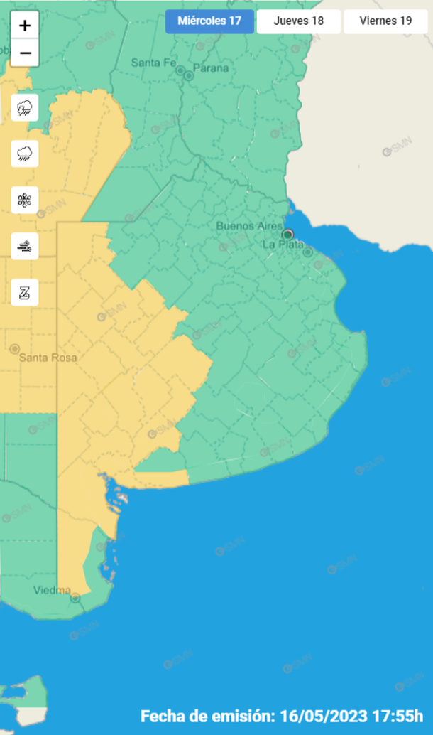 Mapa de zonas afectadas por tormentas y granizo en la provincia de Buenos Aires. Fuente: Servicio Meteorológico Nacional.