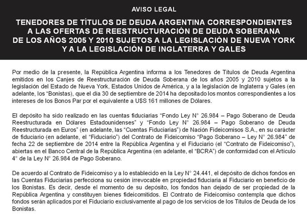 Presidencia anunció que ya depositó los intereses de los bonos reestructurados