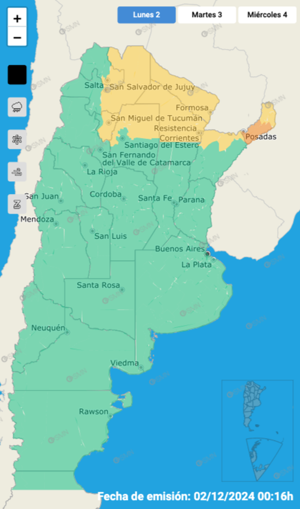 Alerta por granizo para este lunes 2 de diciembre. Fuente: Servicio Meteorológico Nacional. Alerta por granizo para este lunes 2 de diciembre. Fuente: Servicio Meteorológico Nacional.