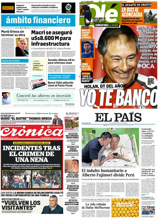 Tapas de diarios del martes 26 de noviembre de 2017