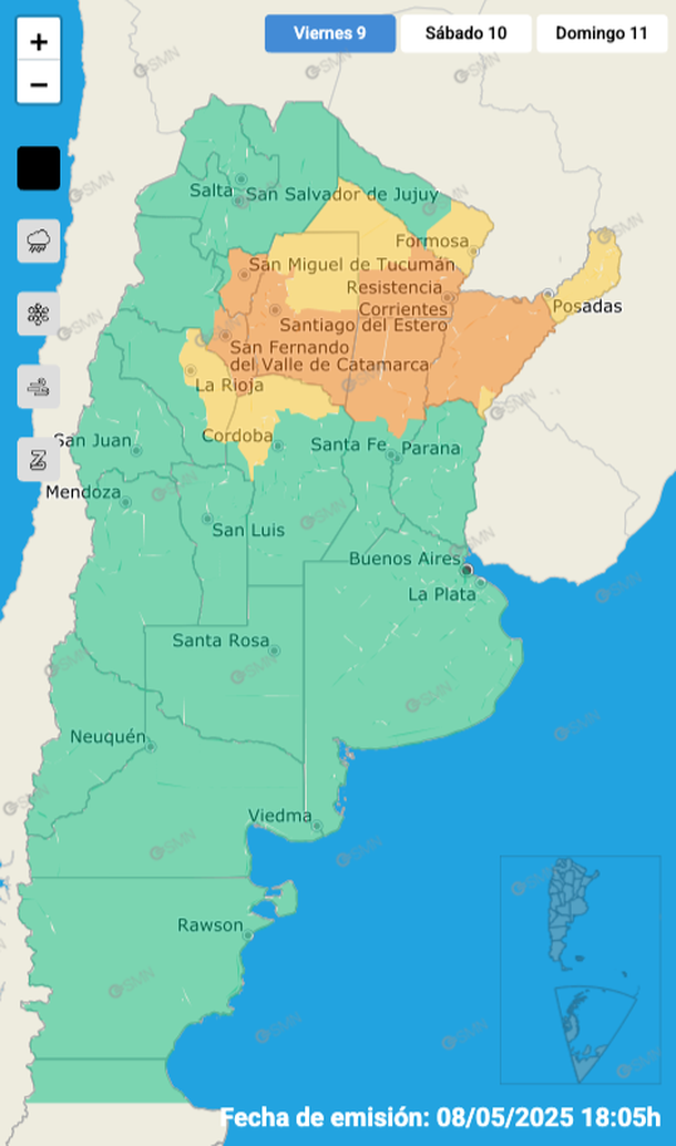 Rige alerta por tormentas fuertes y granizo en diez provincias. Fuente: Servicio Meteorol&oacute;gico Nacional.&nbsp;