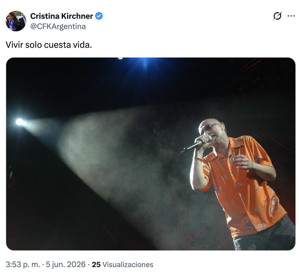 "Vivir solo cuesta vida": Cristina Kirchner record&oacute; a Indio Solari