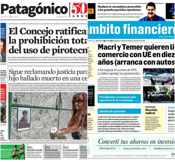 Tapas de diarios del lunes 11 de diciembre de 2017