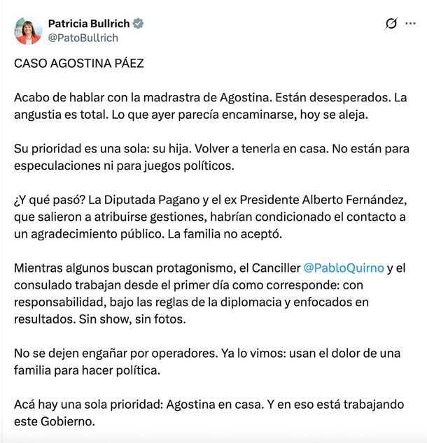 El tuit de Patricia Bullrich, sobre el caso de la abogada argentina detenida en Brasil. El tuit de Patricia Bullrich, sobre el caso de la abogada argentina detenida en Brasil.