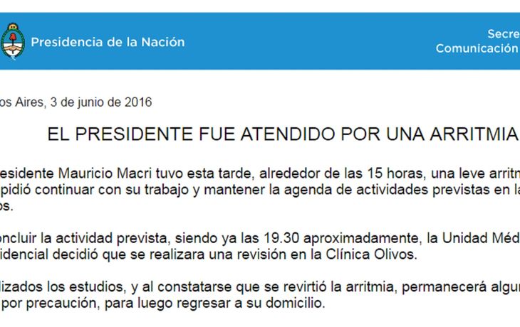 Éste es el comunicado oficial sobre la salud de Mauricio Macri