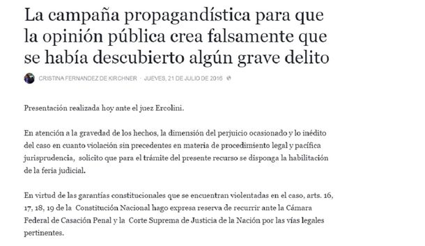 Cristina denunció campaña propagandística y pidió la libertad de Milagro Sala