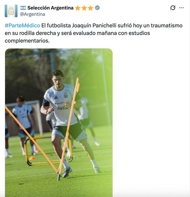El parte m&eacute;dico de la Selecci&oacute;n Argentina sobre la lesi&oacute;n de Joaqu&iacute;n Panichelli.