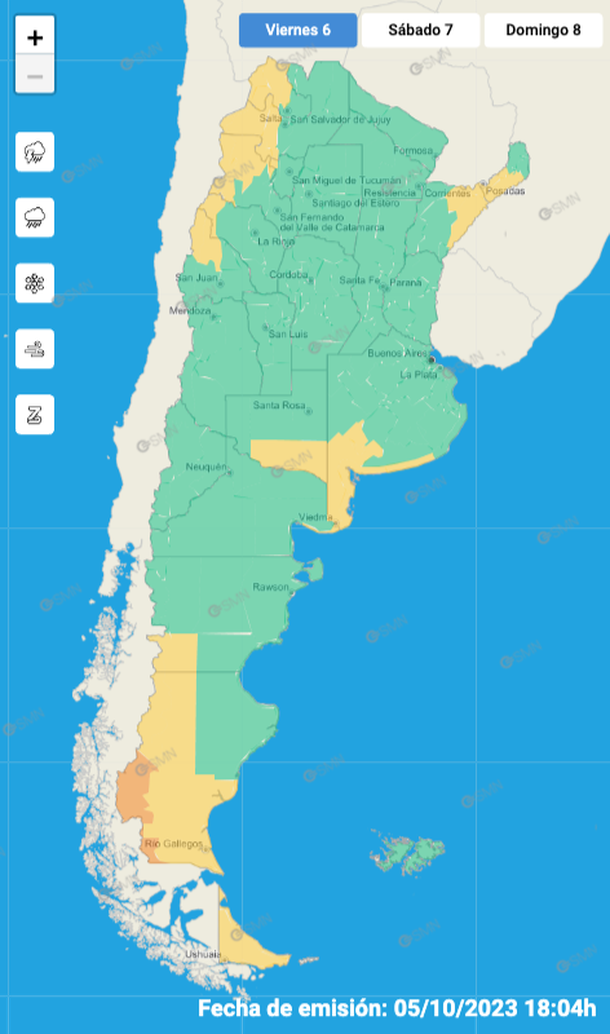 Mapa de alertas por tormentas, granizo y vientos. Fuente: Servicio Meteorológico Nacional. Mapa de alertas por tormentas, granizo y vientos. Fuente: Servicio Meteorológico Nacional.
