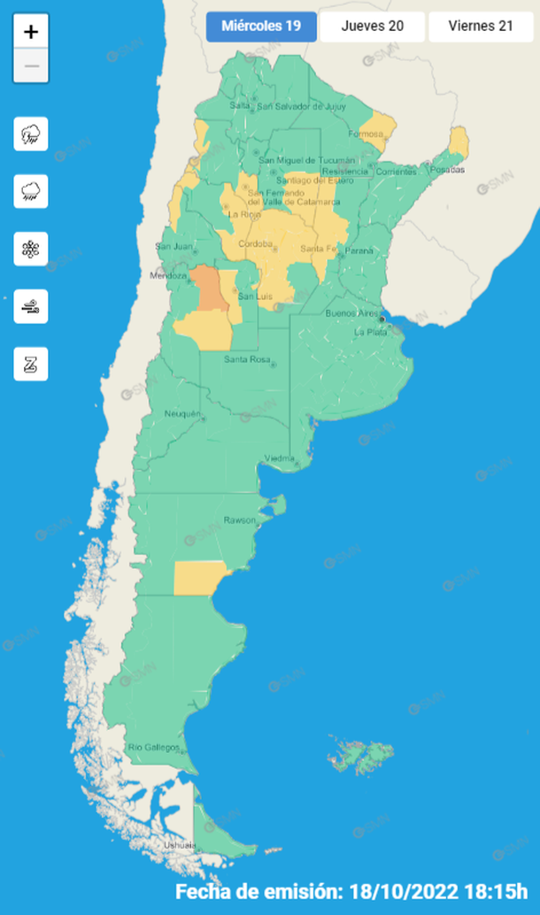 El Servicio Meteorológico Nacional mantiene alertas en nueve provincias por tormentas y granizo.