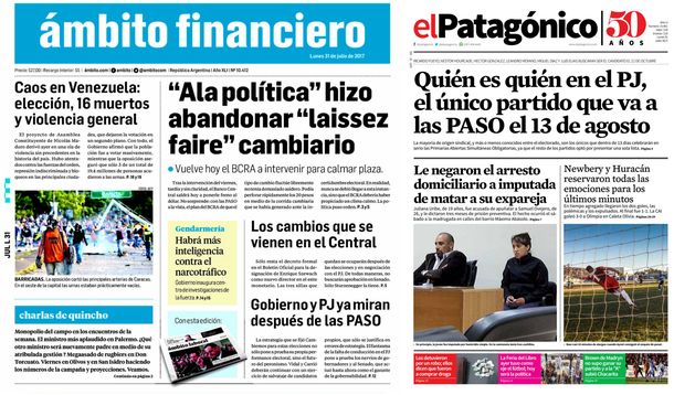 Tapas de diarios del lunes 31 de julio de 2017