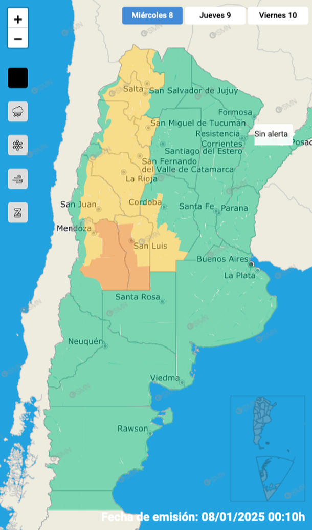 Alerta este miércoles 8 de enero por tormentas fuertes y granizo en nueve provincias. Fuente: Servicio Meteorológico Nacional. Alerta este miércoles 8 de enero por tormentas fuertes y granizo en nueve provincias. Fuente: Servicio Meteorológico Nacional.