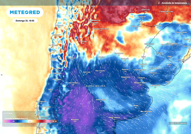 Mapa de temperaturas en la Argentina. Fuente: Meteored. Mapa de temperaturas en la Argentina. Fuente: Meteored.