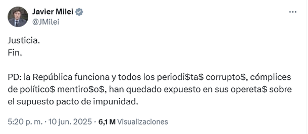 La reacción inmediata de Javier Milei tras la ratificación de condena a Cristina Kirchner