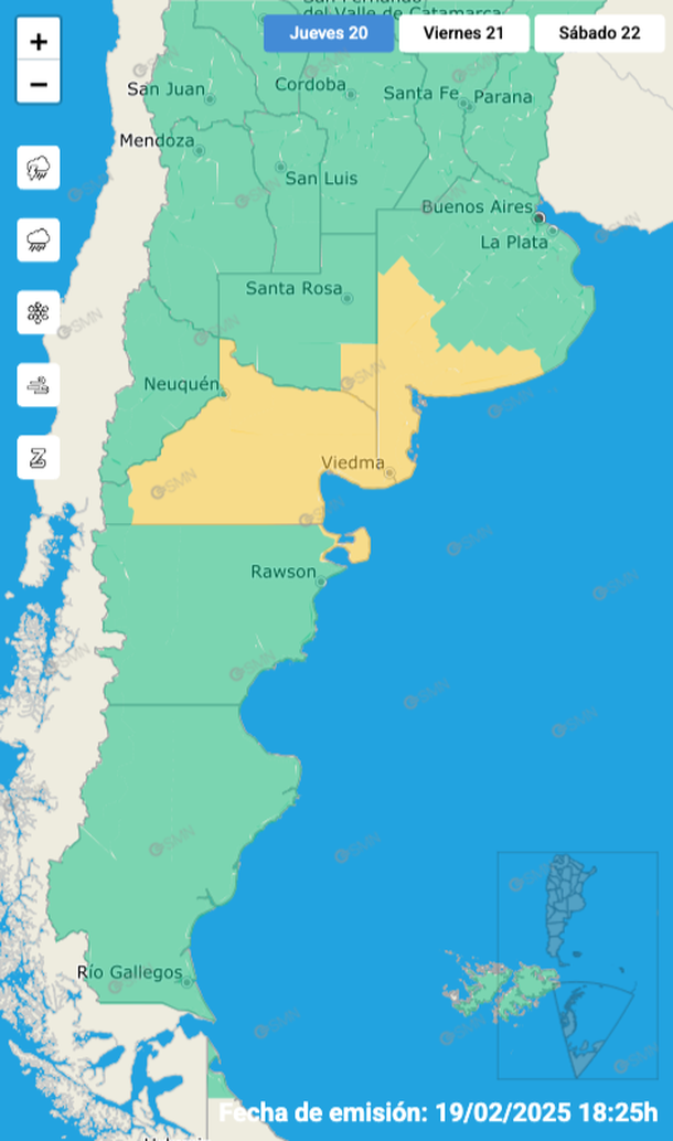 Alerta por tormentas y granizo en Buenos Aires, La Pampa, Río Negro y Chubut. Fuente: Servicio Meteorológico Nacional. Alerta por tormentas y granizo en Buenos Aires, La Pampa, Río Negro y Chubut. Fuente: Servicio Meteorológico Nacional.
