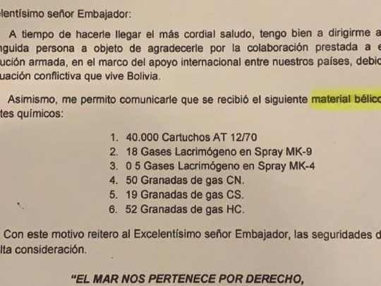 El documento oficial que confirma el material bélico enviado por Macri tras el golpe de Estado en Bolivia