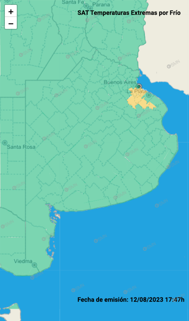 Alerta amarillo por frío en Buenos Aires. Fuente: Servicio Meteorológico Nacional. Alerta amarillo por frío en Buenos Aires. Fuente: Servicio Meteorológico Nacional.