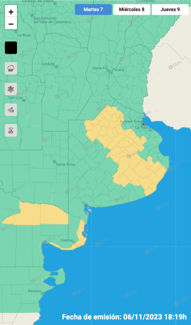 Mapa de alertas por tormentas y granizo para Buenos Aires y Río Negro. Fuente: Servicio Meteorológico Nacional. Mapa de alertas por tormentas y granizo para Buenos Aires y Río Negro. Fuente: Servicio Meteorológico Nacional. 