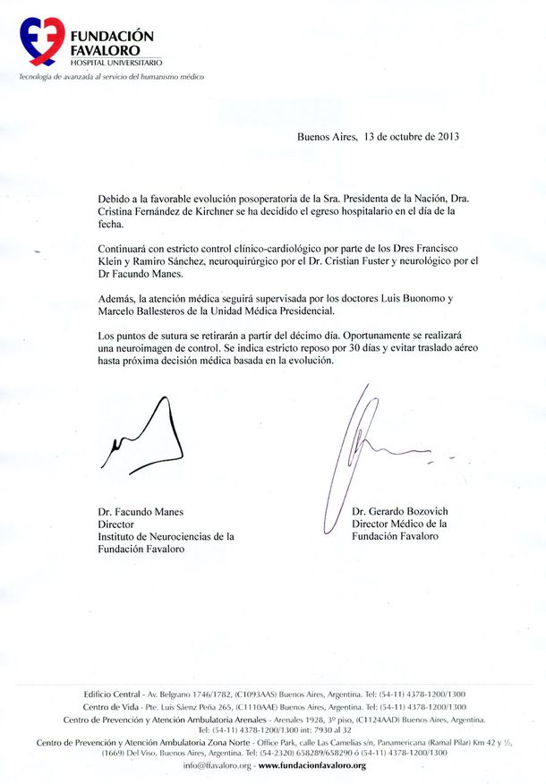 Éste es el sexto parte médico tras la operación de CFK