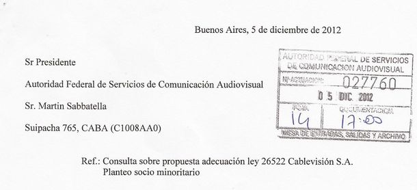 La presentación del socio de Cablevisión ante la AFSCA