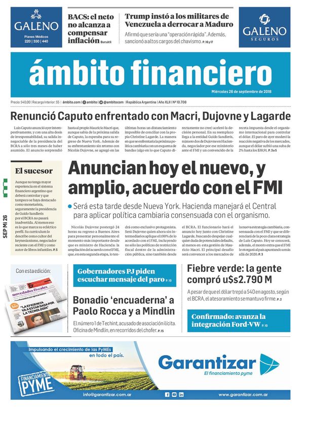 Tapas de diarios del miércoles 26 de septiembre de 2018