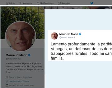 Mensaje de Macri por la muerte del Momo Venegas