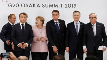 Emmanuel Macron, Angela Merkel, Jair Bolsonaro, Mauricio Macri y Jean Claude Juncker el día que anunciaron el acuerdo ente el Mercosur y la UE en 2019. Emmanuel Macron, Angela Merkel, Jair Bolsonaro, Mauricio Macri y Jean Claude Juncker el día que anunciaron el acuerdo ente el Mercosur y la UE en 2019.