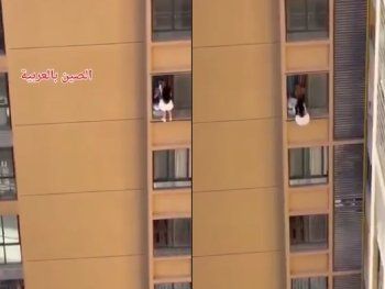 Video: intentó escapar de la esposa de su amante, trepó por la cornisa de un piso 13 y casi cae al vacío