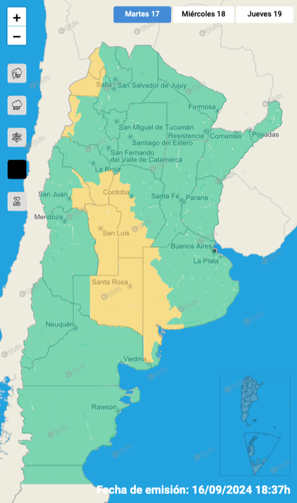 Alerta por viento fuerte en Buenos Aires y otras zonas del país. Fuente: Servicio Meteorológico Nacional. Alerta por viento fuerte en Buenos Aires y otras zonas del país. Fuente: Servicio Meteorológico Nacional. 