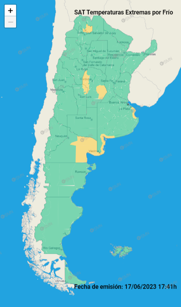 Mapa de alerta amarilla por frío y temperaturas extremas. Fuente: Servicio Meteorológico Nacional. Mapa de alerta amarilla por frío y temperaturas extremas. Fuente: Servicio Meteorológico Nacional.