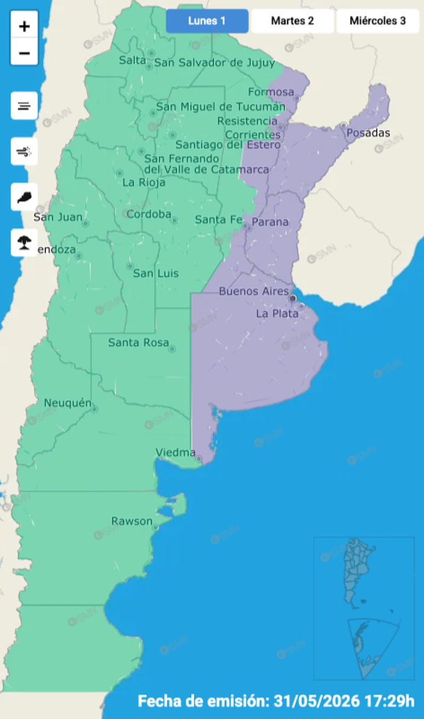Alerta violeta por niebla densa en el AMBA y otras siete provincias. Fuente: Servicio Meteorológico Nacional. Alerta violeta por niebla densa en el AMBA y otras siete provincias. Fuente: Servicio Meteorológico Nacional.