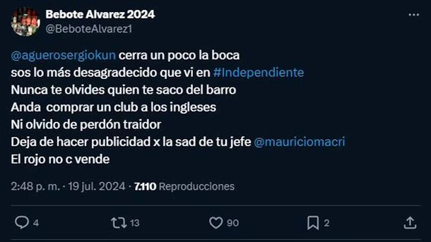 El mensaje de Bebote Álvarez para el Kun Agüero (Foto: X @BeboteAlvarez1). El mensaje de Bebote Álvarez para el Kun Agüero (Foto: X @BeboteAlvarez1).