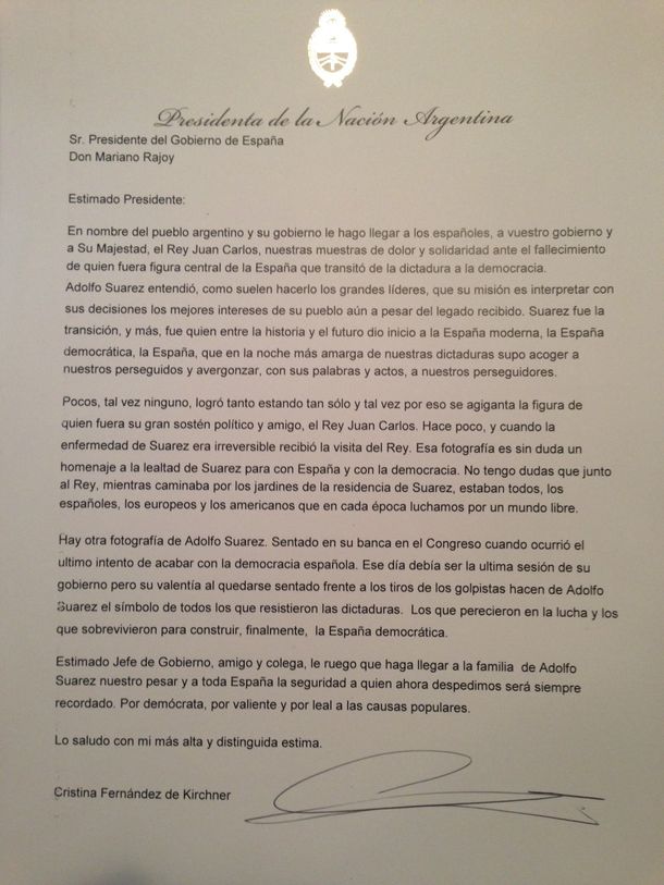 Cristina Kirchner envió una carta al gobierno español por el fallecimiento de Adolfo Suárez