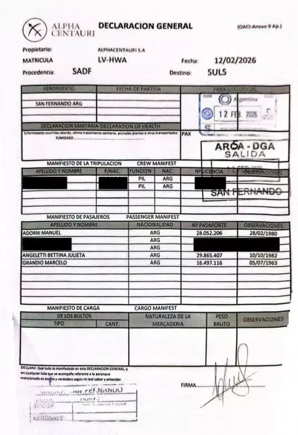 El detalle del vuelo privado de 10 mil d&oacute;lares de Manuel Adorni a Punta del Este que public&oacute; Sebasti&aacute;n Lacunza.&nbsp;