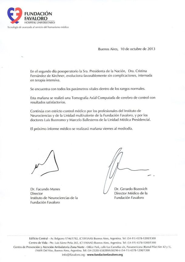 Éste es el tercer parte médico tras la operación de CFK