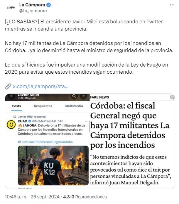 La respuesta de La Cámpora a Javier Milei