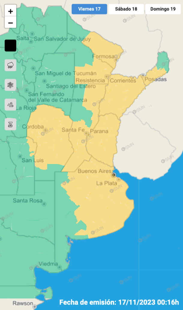 Mapa de alertas por tormentas y granizo en Buenos Aires y otras regiones. Fuente: Servicio Meteorológico Nacional. Mapa de alertas por tormentas y granizo en Buenos Aires y otras regiones. Fuente: Servicio Meteorológico Nacional.