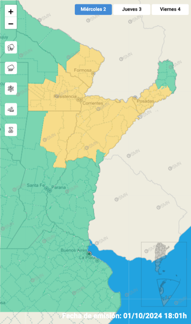 Alerta por tormentas y granizo en cinco provincias. Fuente: Servicio Meteorológico Nacional. Alerta por tormentas y granizo en cinco provincias. Fuente: Servicio Meteorológico Nacional.