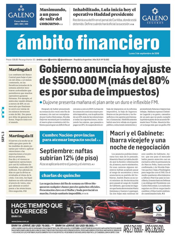 Tapas de diarios del lunes 3 de septiembre de 2018